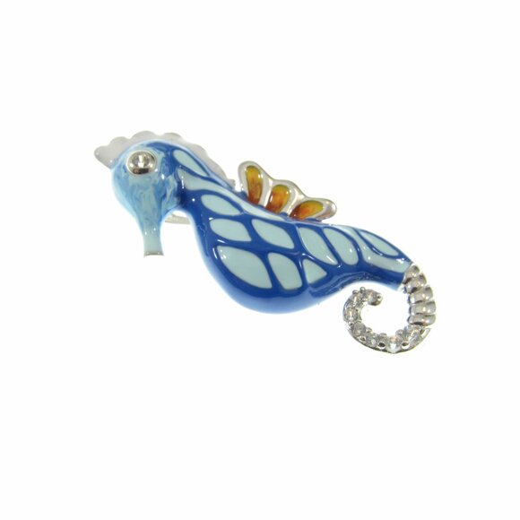 Solid 925 Sterling Silver & Blue and White Enamel Seahorse Slide Pendant - Picture 5 of 8